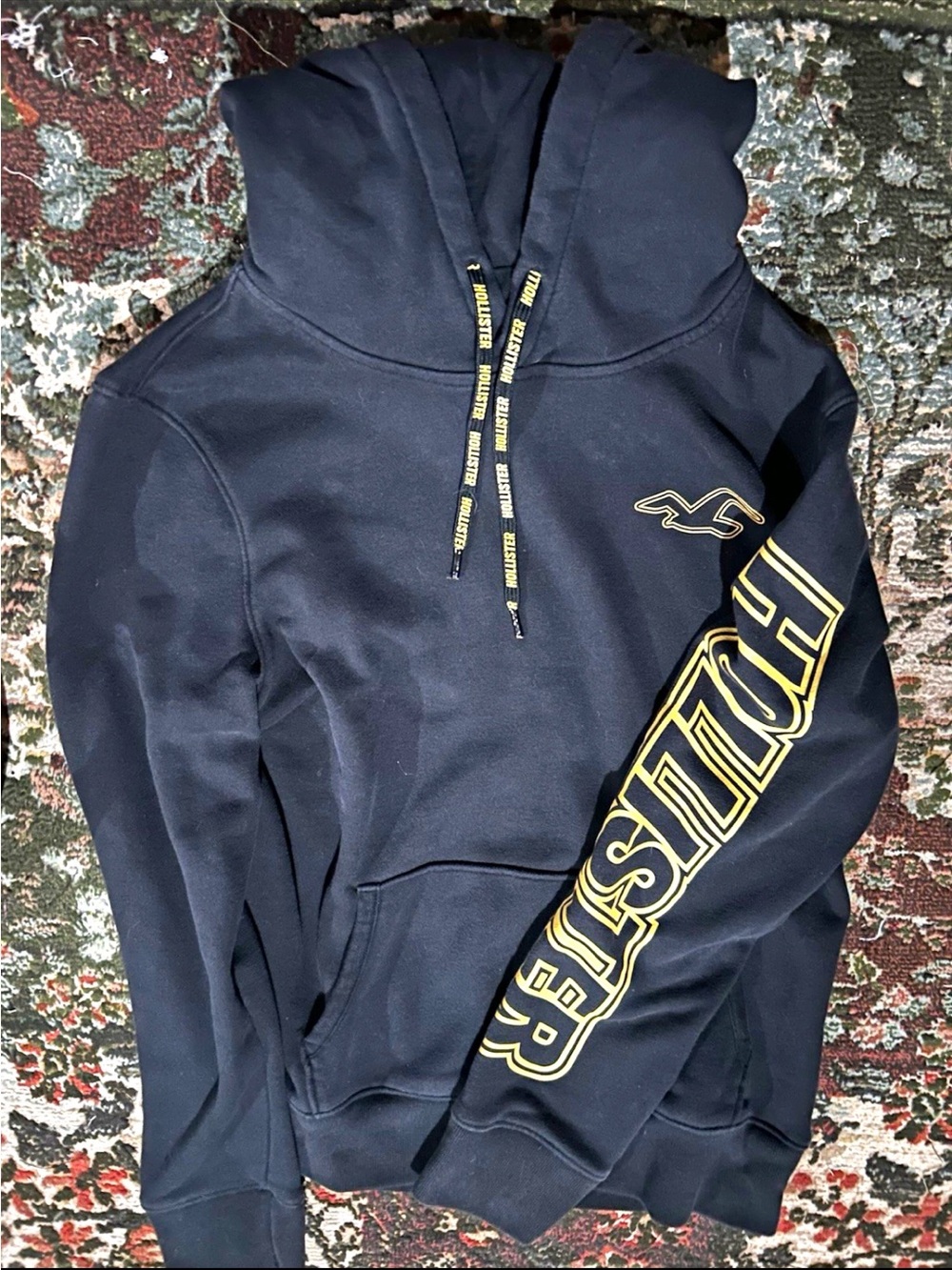 Hollister Navy Crewneck Hoodie with Yellow Sleeve Logo